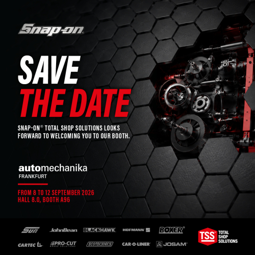"Snap-on Save the date, Snap-on Total Shop Solutions Looks Forward to Welcoming you to our booth. automechanika Frankfurt From 8 to 12 September 2026 Hall 8.0 Booth A96" A list of Snap-on Brand logos